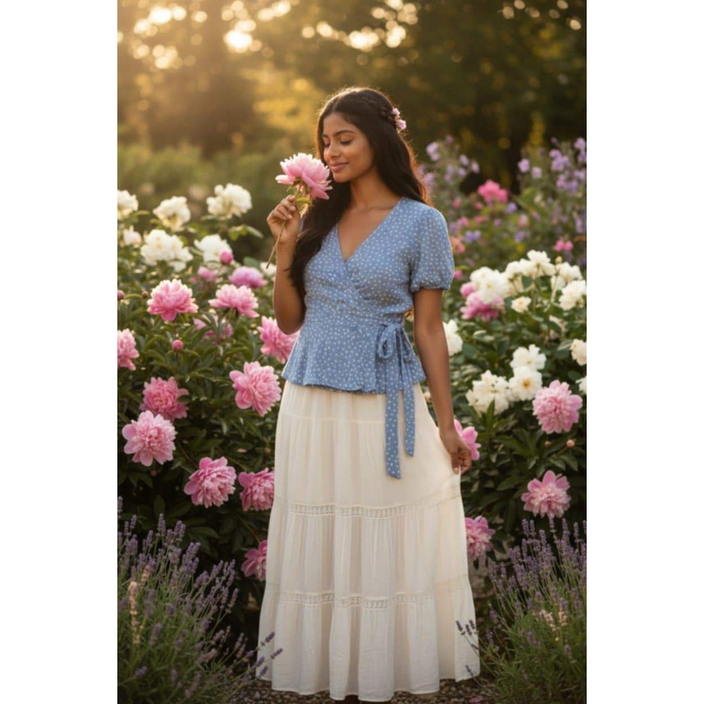 Elodie S Blue Floral Wrap Peplum Blouse Top‎ Rayon Boho Cottagecore Tie Front